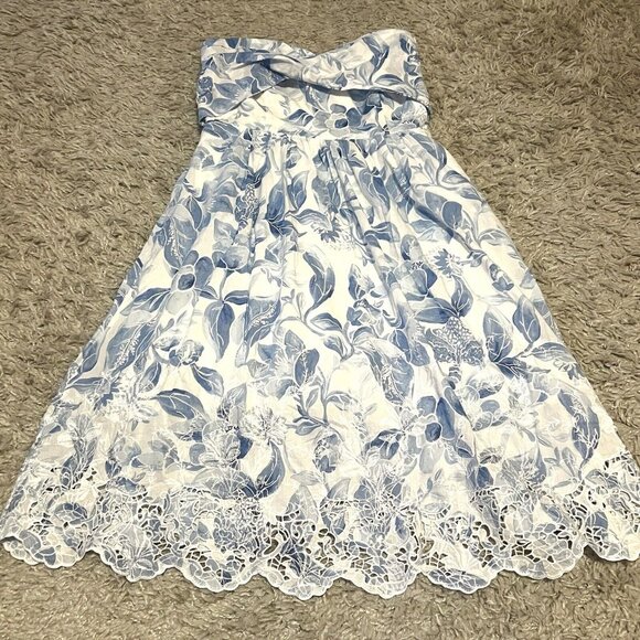 WHBM White Blue Floral Strapless Eyelet Scallop Hem Midi Dress Womens sz 8 - Picture 2 of 5